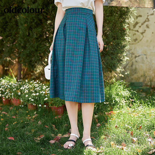 oldcolour2022夏季新品高腰半身裙通勤设计感文艺复古格子半裙BO22063086 商品图2