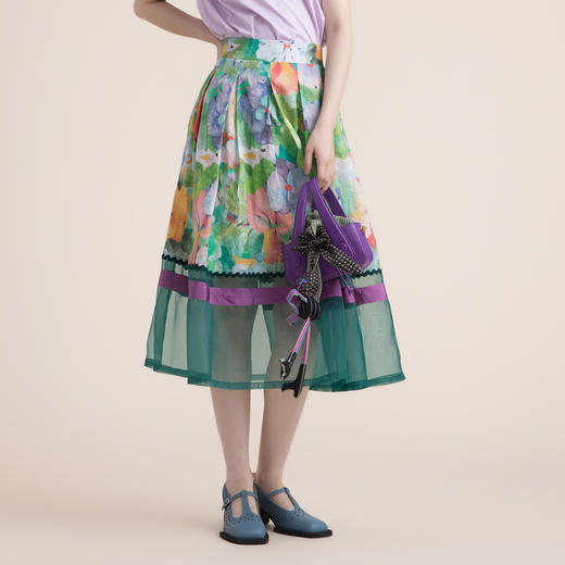 谜底苎麻花色半身裙2022夏季复古优雅拼接欧根纱百褶裙222MB0690 商品图0