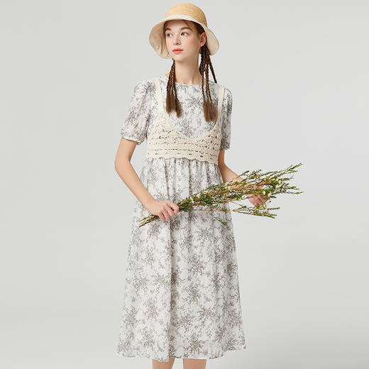 Famecoco范可儿雪纺印花连衣裙夏季新款高腰甜美初恋裙两件套F223FA040 商品图4
