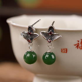 S925纯银，和田碧玉圆珠莲花气质古典风百搭耳饰CW-184