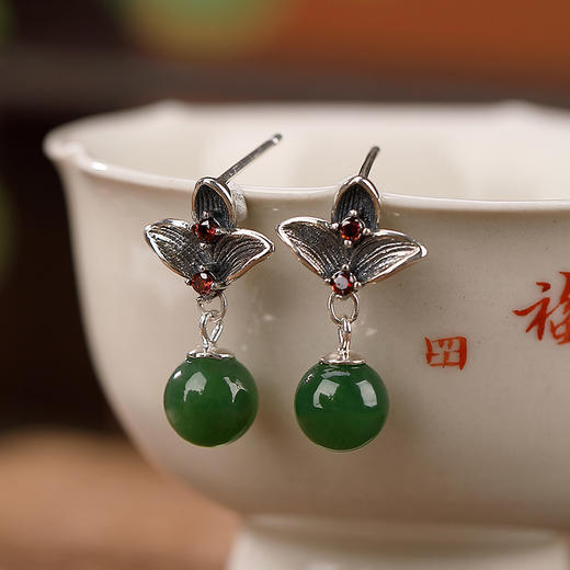 S925纯银，和田碧玉圆珠莲花气质古典风百搭耳饰CW-184 商品图0