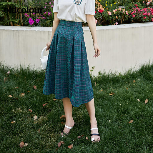 oldcolour2022夏季新品高腰半身裙通勤设计感文艺复古格子半裙BO22063086 商品图1