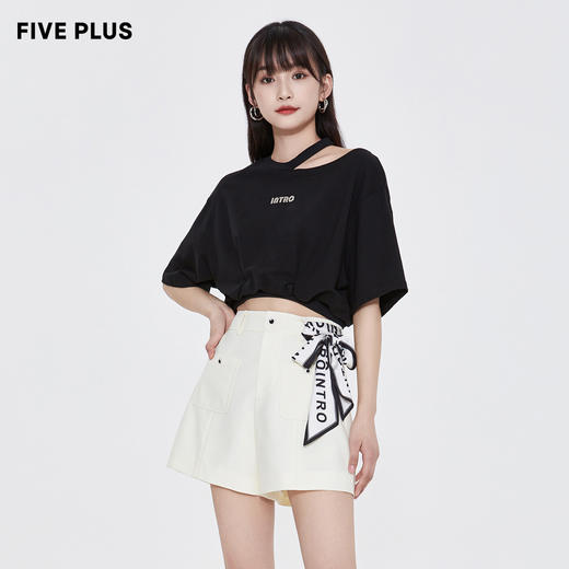 FIVE PLUS2022新款女夏装设计感阔腿短裤女高腰小A字休闲裤子丝巾 商品图0