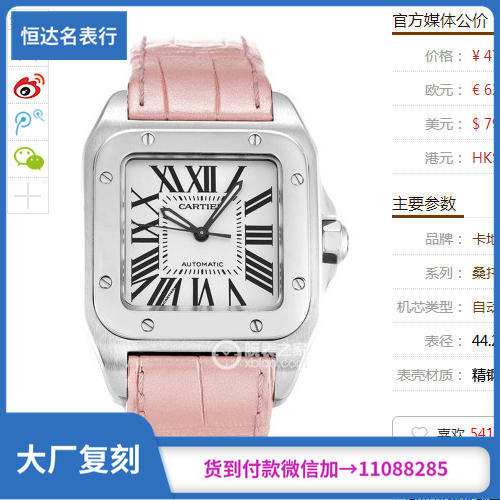 卡地亚Cartier-Santos 100系列 W20126X8 女性机械表 2671机芯 直径34mm(牛皮 )（复刻手表） 商品图0