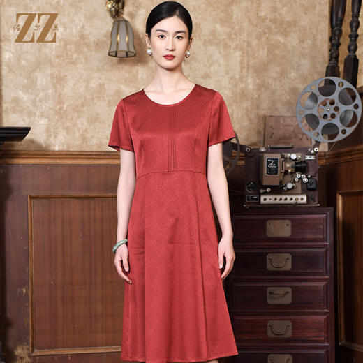 佐尔美2022夏季新款 桑蚕丝真丝桑波缎提花连衣裙女E22LS17 商品图0