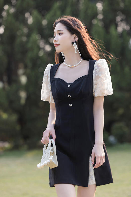 FIVE PLUS2022新款女夏装轻熟风泡泡袖连衣裙女绣花修身裙子2WN2081430 商品图3