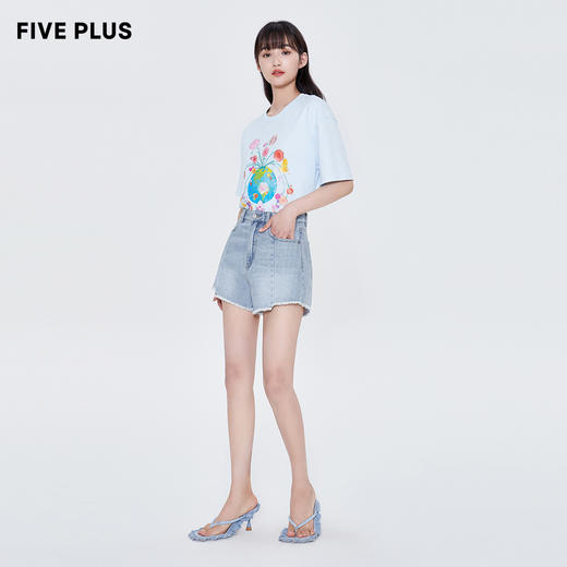 FIVE PLUS2022新款女夏装小众牛仔短裤女高腰A字毛边阔腿裤子2WN2061070 商品图1