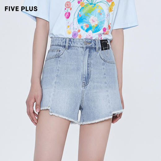 FIVE PLUS2022新款女夏装小众牛仔短裤女高腰A字毛边阔腿裤子2WN2061070 商品图0
