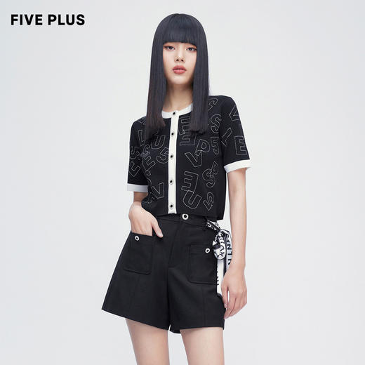 FIVE PLUS2022新款女夏装字母短袖针织衫女短款显瘦上衣2WN2031010 商品图0