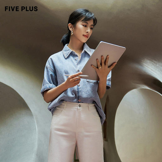 FIVE PLUS2022新款女夏装bf牛仔衬衫女中长宽松短袖衬衣刺绣图案2WN2014140 商品图2