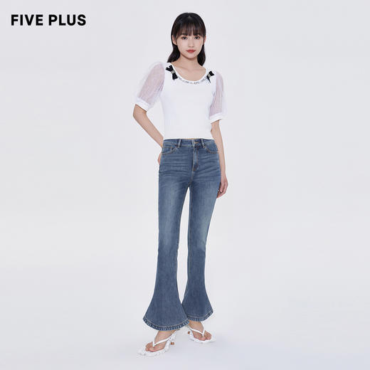 FIVE PLUS2022新款女夏装网纱泡泡袖针织衫女气质修身套头衫2WN2031050 商品图1