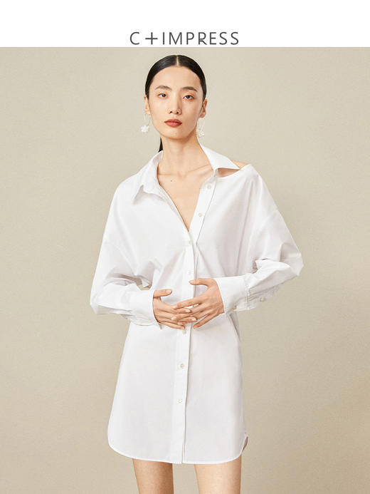 西嘉C+IMPRESS/西嘉日本进口面料 原创露肩衬衫裙中长连衣裙小众设计 商品图0