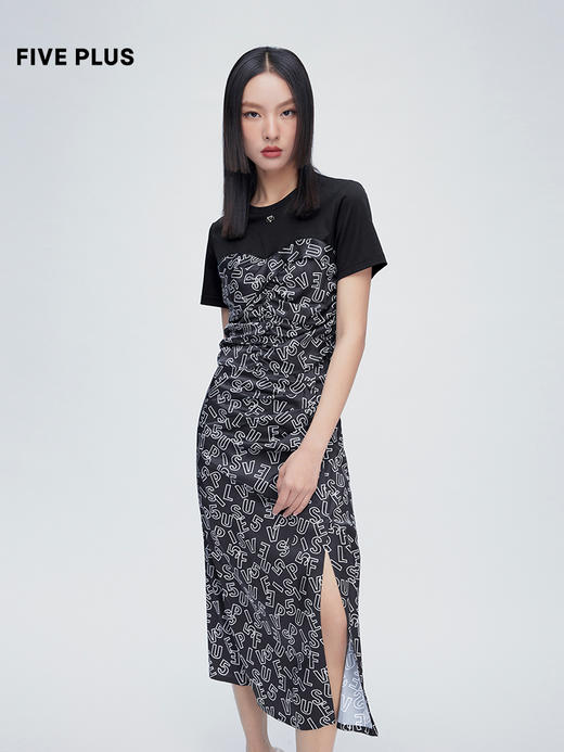 FIVE PLUS2022新款女夏装设计感缎面半身裙女字母开叉中长裙子2WN2070650 商品图1