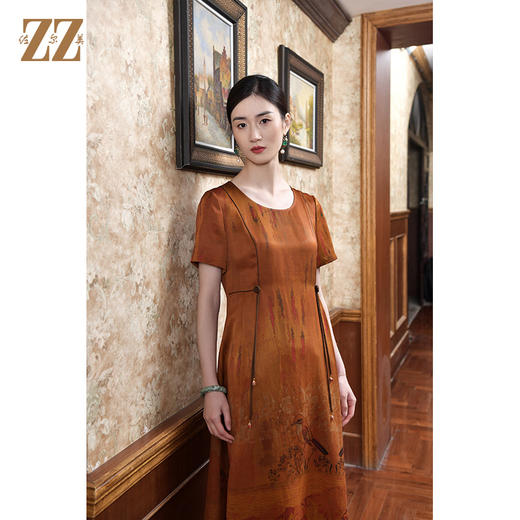 佐尔美2022夏季新款 桑蚕丝真丝缎面印花连衣裙女E22LS30 商品图3