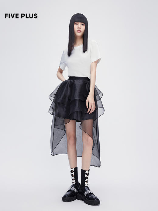 FIVE PLUS2022新款女夏装设计感蝴蝶结T恤女短袖宽松小露背上衣潮2WN2021210 商品图1