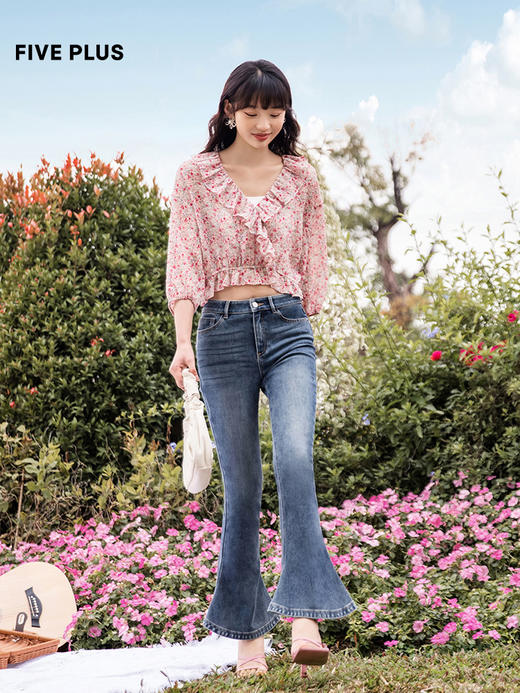 FIVE PLUS2022新款女夏装设计感复古牛仔喇叭裤女高腰长裤子2WN2061130 商品图0