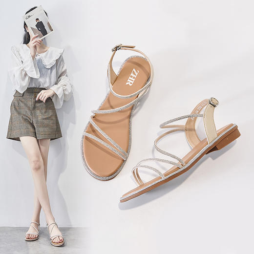 ZHR平底凉鞋女2022夏季新款ins潮时尚水钻一字带休闲软底罗马凉鞋 商品图0