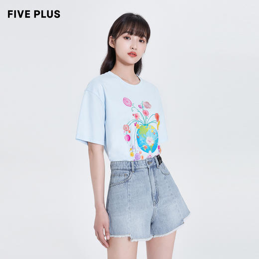 FIVE PLUS2022新款女夏装小众牛仔短裤女高腰A字毛边阔腿裤子2WN2061070 商品图3