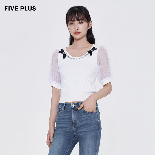 FIVE PLUS2022新款女夏装网纱泡泡袖针织衫女气质修身套头衫2WN2031050 商品图3