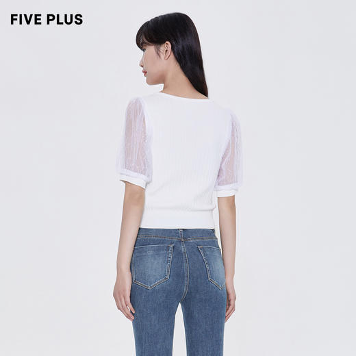 FIVE PLUS2022新款女夏装网纱泡泡袖针织衫女气质修身套头衫2WN2031050 商品图2