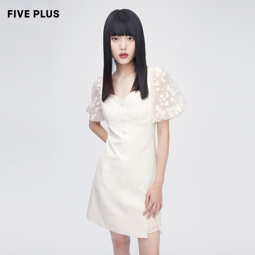 FIVE PLUS2022新款女夏装轻熟风泡泡袖连衣裙女绣花修身裙子2WN2081430 商品图1
