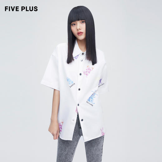 FIVE PLUS2022新款女夏装bf牛仔衬衫女中长宽松短袖衬衣刺绣图案2WN2014140 商品图3