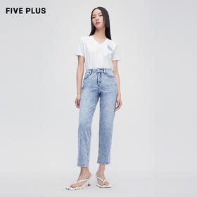 FIVE PLUS2022新款女夏装短袖T恤女宽松刺绣图案V领套头上衣棉质2WN2021240