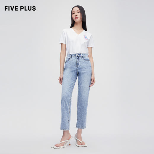 FIVE PLUS2022新款女夏装短袖T恤女宽松刺绣图案V领套头上衣棉质2WN2021240 商品图0