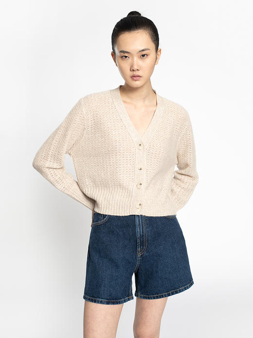 2022新款女士亚麻羊绒5针单股打花针法开衫 商品图0