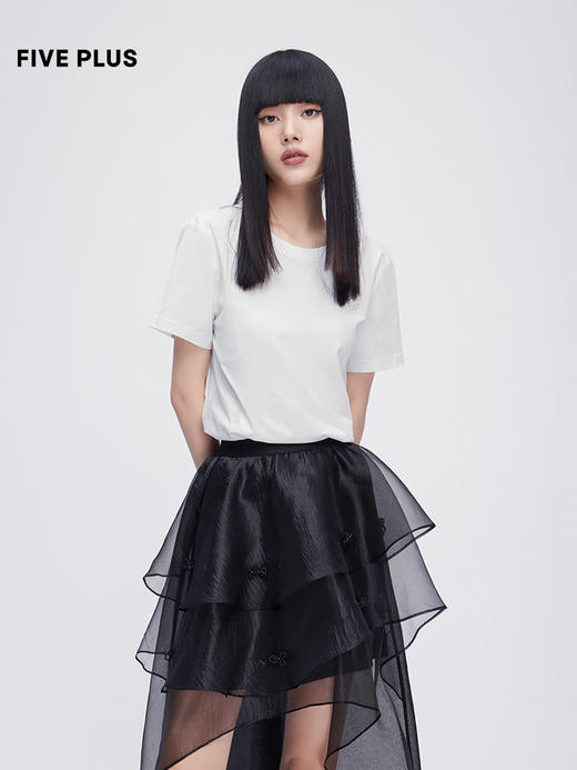 FIVE PLUS2022新款女夏装设计感蝴蝶结T恤女短袖宽松小露背上衣潮2WN2021210 商品图2