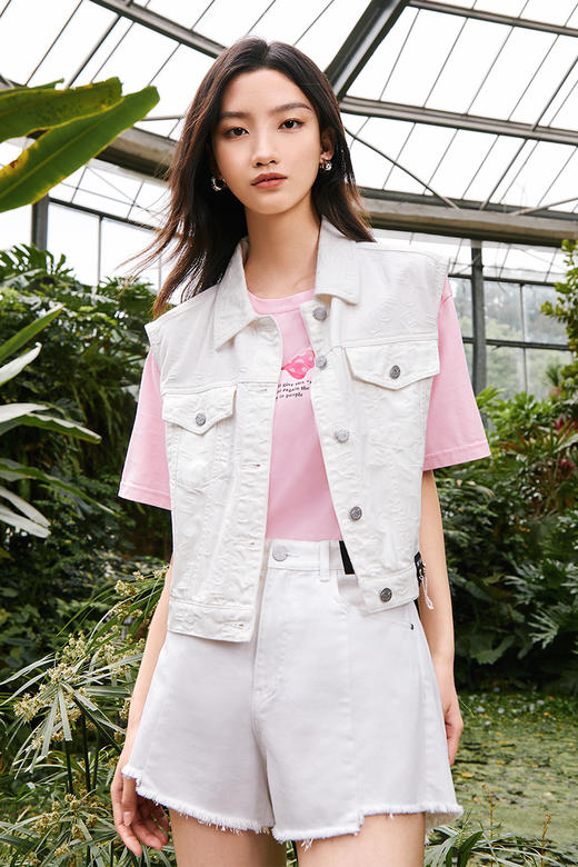 FIVE PLUS2022新款女夏装bf风提花牛仔外套女宽松做旧夹克马甲2WN2041090 商品图3