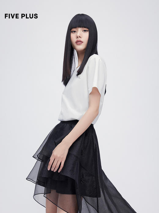 FIVE PLUS2022新款女夏装设计感蝴蝶结T恤女短袖宽松小露背上衣潮2WN2021210 商品图3