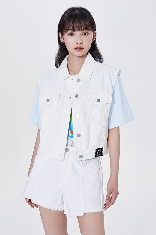 FIVE PLUS2022新款女夏装bf风提花牛仔外套女宽松做旧夹克马甲2WN2041090 商品图1