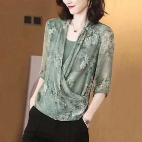 MZ 801689气质印花交叉领雪纺假两件拼接衬衫