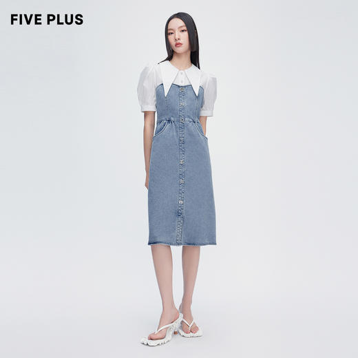 FIVE PLUS2022新款女夏装泡泡袖牛仔连衣裙女法式尖领中长款裙子2WN2081080 商品图1