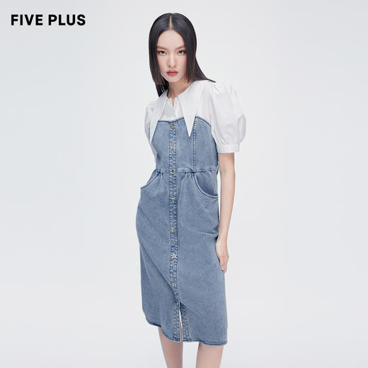 FIVE PLUS2022新款女夏装泡泡袖牛仔连衣裙女法式尖领中长款裙子2WN2081080 商品图0