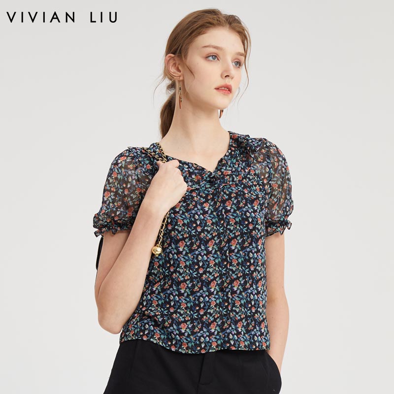 VIVIAN LIU R2233002春女装新款雪纺小碎花荷叶边两件套短袖上衣