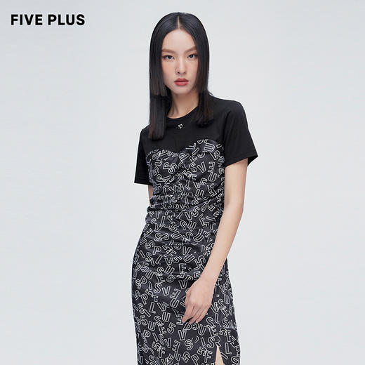 FIVE PLUS2022新款女夏装假两件短袖T恤女宽松字母设计感上衣2WN2021200 商品图0