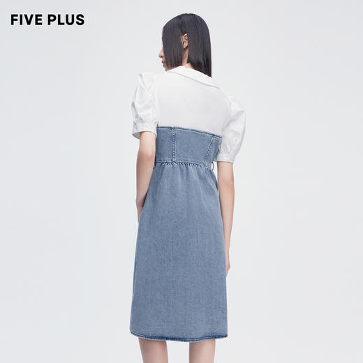 FIVE PLUS2022新款女夏装泡泡袖牛仔连衣裙女法式尖领中长款裙子2WN2081080 商品图3