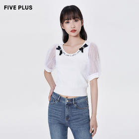 FIVE PLUS2022新款女夏装网纱泡泡袖针织衫女气质修身套头衫2WN2031050