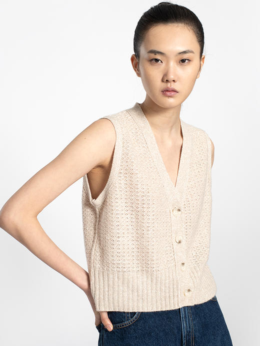 2022新款女士亚麻羊绒5针单股打花针法马甲开衫 商品图2