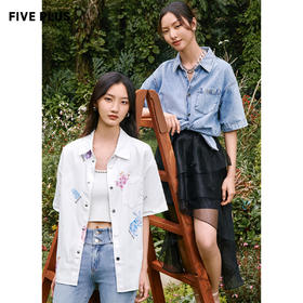 FIVE PLUS2022新款女夏装bf牛仔衬衫女中长宽松短袖衬衣刺绣图案2WN2014140