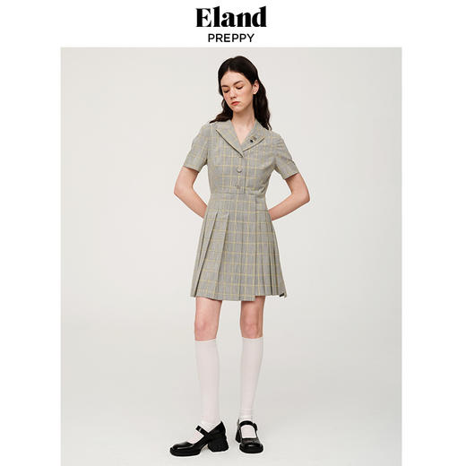 ELAND衣恋学院风甜美格纹褶皱裙摆连衣裙EEOWC25N6M 商品图1