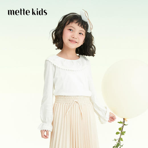 mettekids女童打底衫2022春秋新款儿童T桖荷叶边可爱白色女孩上衣 商品图1