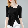 时尚斜肩v领半袖体恤，褶皱开叉设计感收腰上衣SG-T2X0031 商品缩略图1