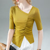 时尚斜肩v领半袖体恤，褶皱开叉设计感收腰上衣SG-T2X0031 商品缩略图0