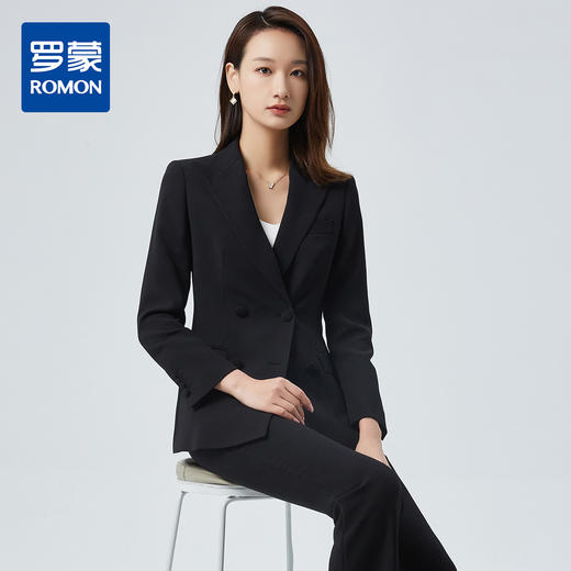 【上衣+裤子】罗蒙女士西服套装商务通勤时尚休闲双排扣西装两件套女 商品图0