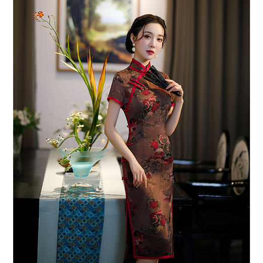 中长款短袖仿花罗修身，立领开衩改良旗袍连衣裙GSJ-207 商品图2