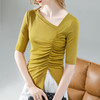 时尚斜肩v领半袖体恤，褶皱开叉设计感收腰上衣SG-T2X0031 商品缩略图2