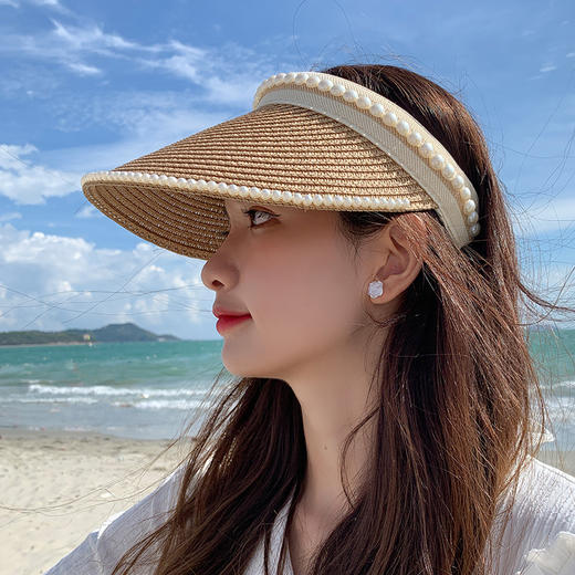 【珍珠发箍设计】夏天爆款韩国珍珠沙滩草帽女空顶遮阳鸭舌防晒帽草编帽子 商品图3